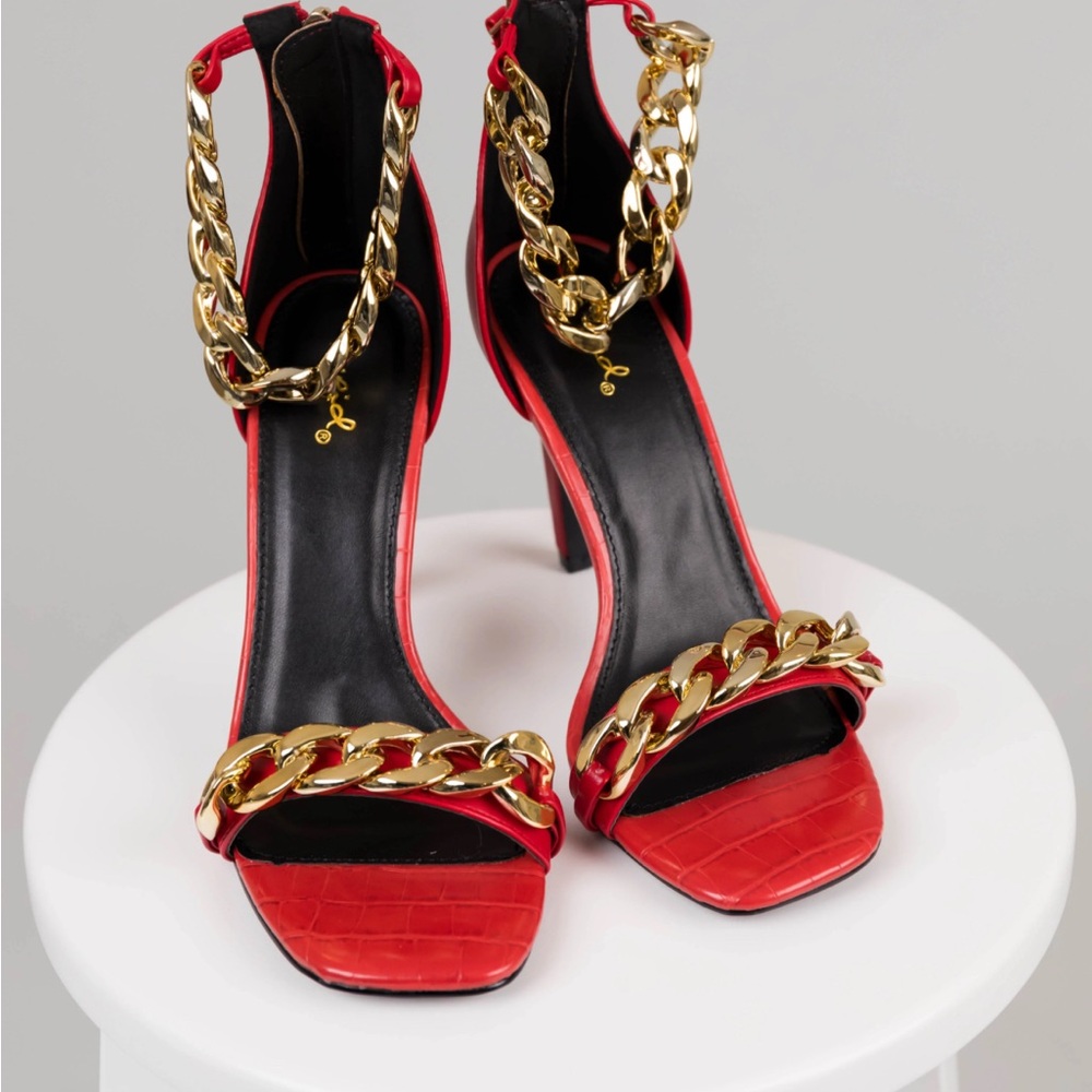 Red Gold Chain Stiletto Heels – Women’s Open Toe Dress Sandals - Size 8